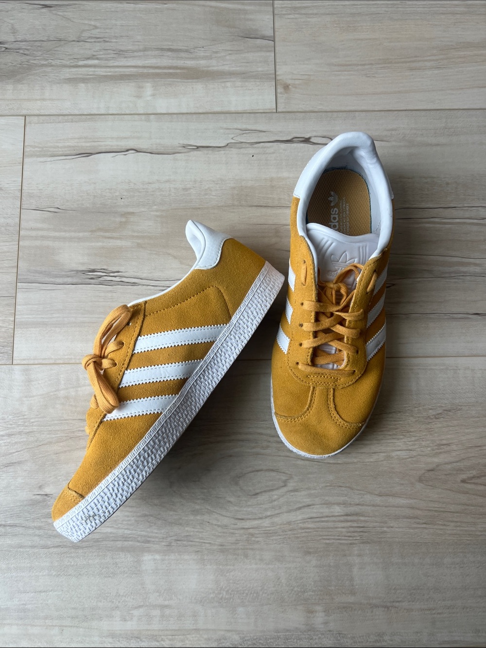 adidas Yellow Suede Sneakers with White Stripes